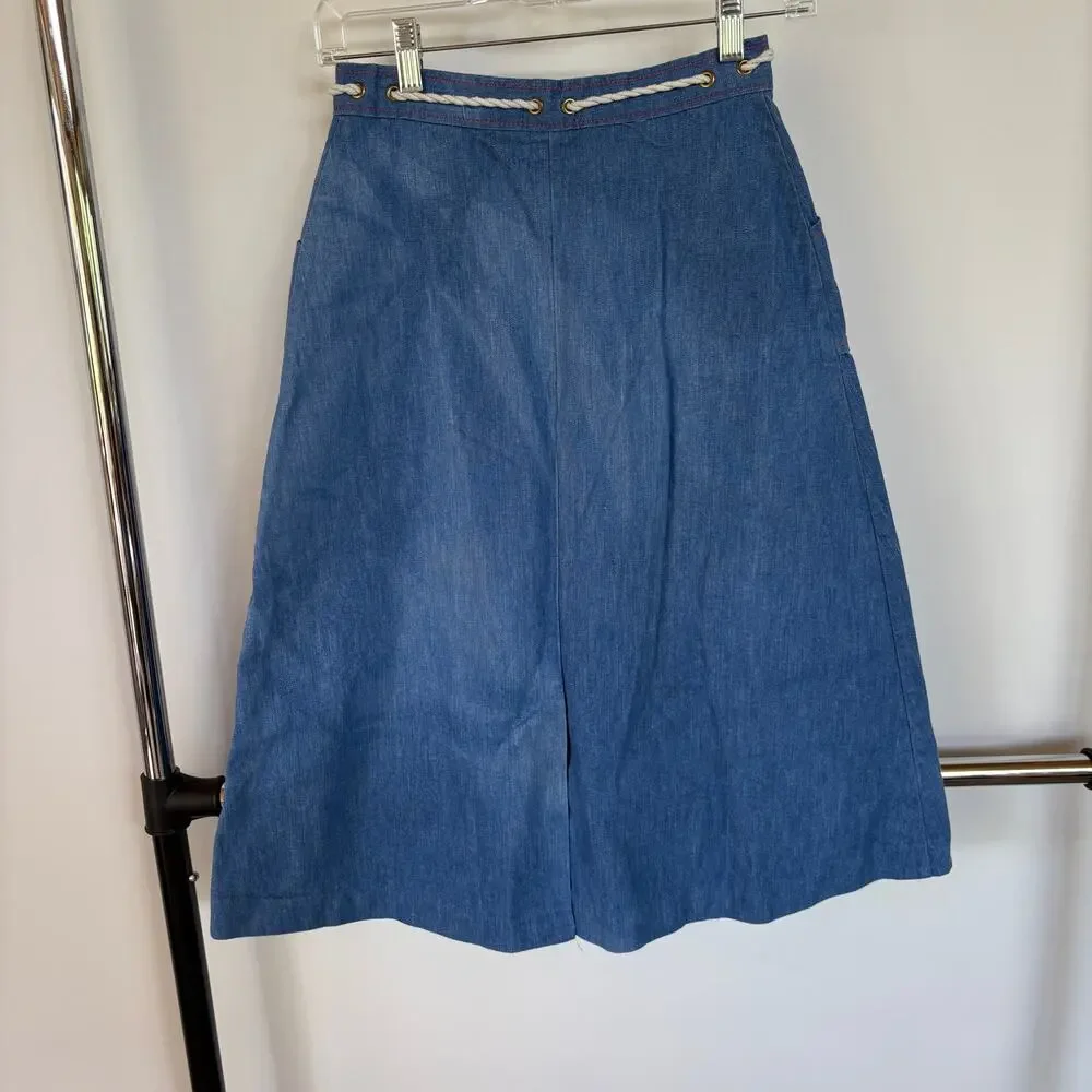 Vintage Denim Nautical A-Line Skirt Belted Western Sailor Pockets Summer